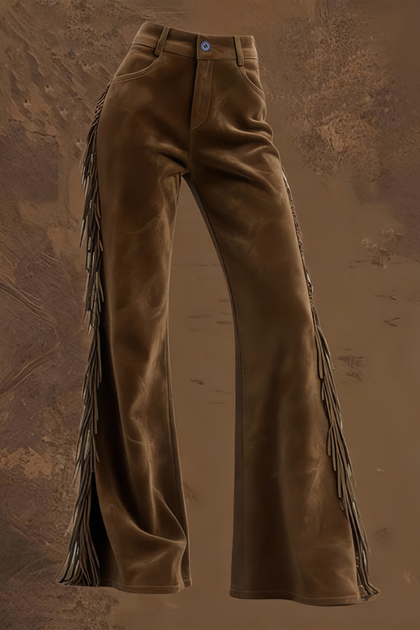 Cardydony Women's Stylish Suede High-waisted Fringed Casual Flared Pants