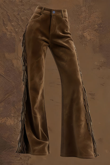 Cardydony Women's Stylish Suede High-waisted Fringed Casual Flared Pants