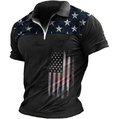 Cardydony Men's American Flag Veterans Print Zipper Up Polo Shirt