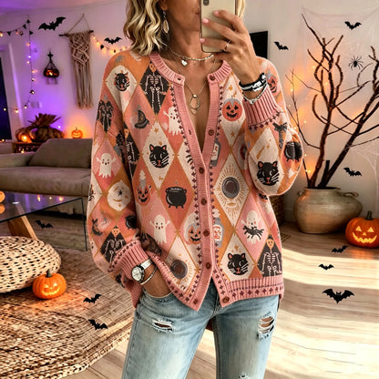 Cardydony Halloween Cat And Wizard Pattern Comfortable Women's Cardigan Sweater