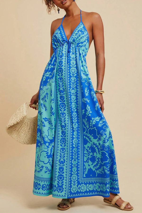 Cardydony Women's Unique Printed V-neck Backless Casual Vacation Maxi Dress