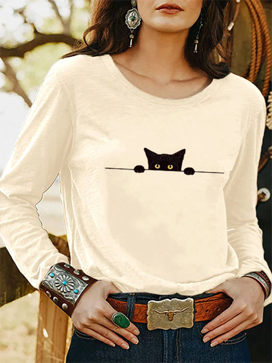 Cardydony Women's Casual Funny Black Cat Print T-shirt