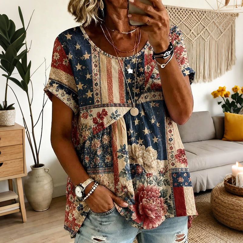 Cardydony Women's Retro Independence Day Flag Floral Art Cotton Linen Short Sleeve Top
