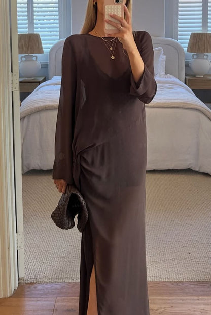 Cardydony Women's  Fashionable Mesh See-through Round Neck Long Sleeve Tie Bow Slit Maxi Dress