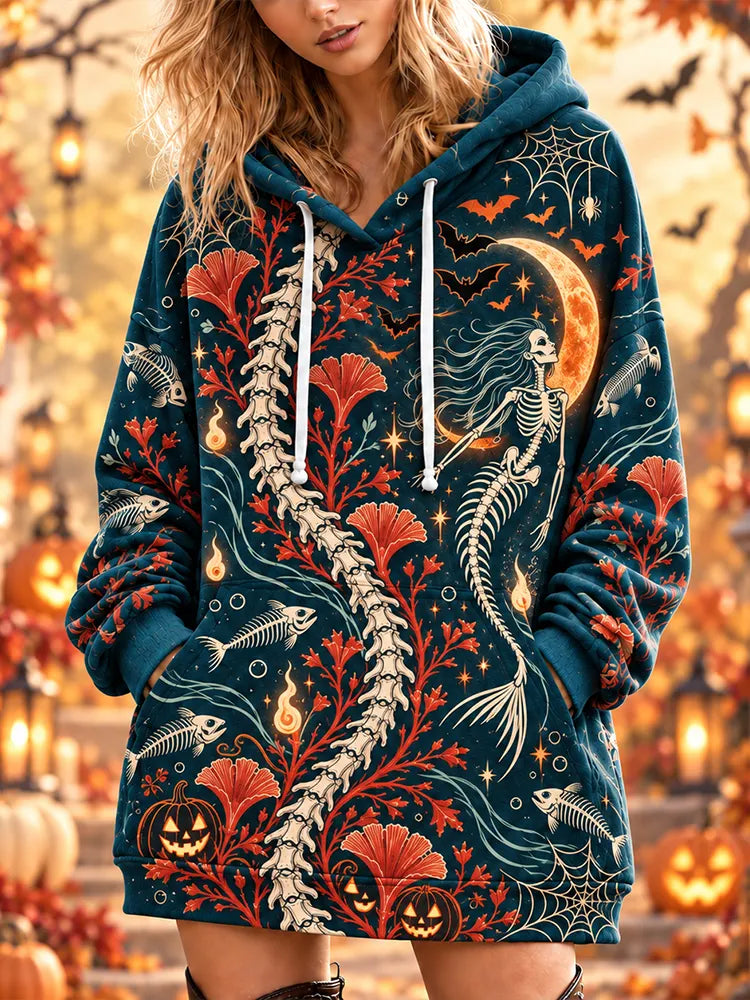 Cardydony Women's Teal Halloween Skeleton Mermaid, Moon, Bats And Pumpkin Print Oversized Hoodie