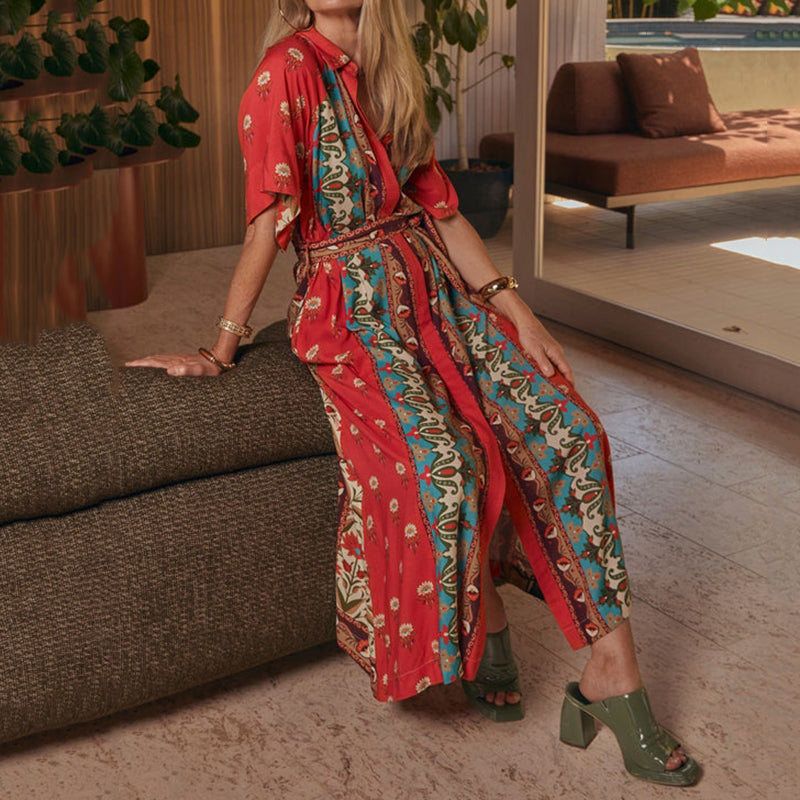 Cardydony Vintage Mediterranean Printed Linen Shirt Dress