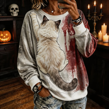Cardydony Women's Realistic 3d Fluffy Back View Ragdoll Cat Clinging Cat In Bloody Print Crewneck Sweatshirt