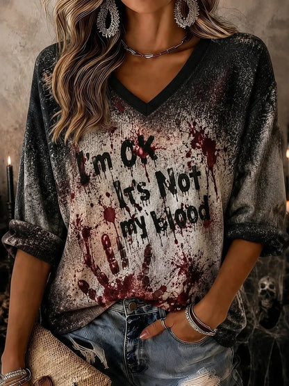 Cardydony Women's I'm Ok It's Not My Blood Printed Mid-length Sleeves V-neck T-shirt
