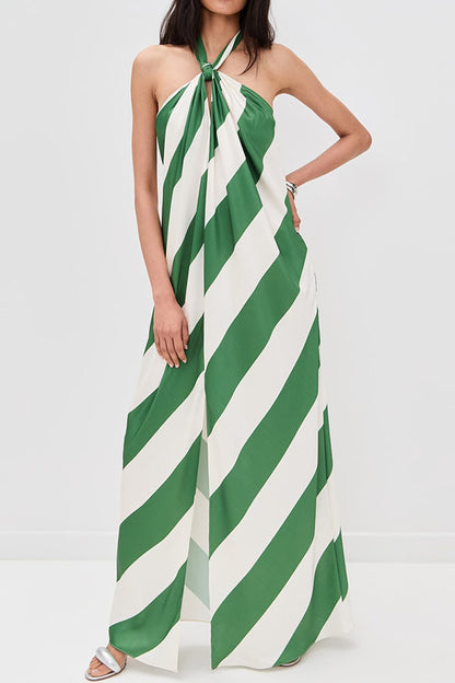 Cardydony Women's Most Dreamy Stripe Print Halter Tie-up Backless Pocket Loose Maxi Dress