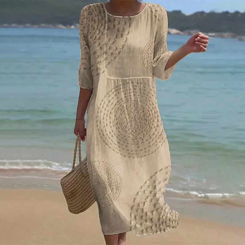 Cardydony Vintage Patchwork Art Pattern Linen Blend Loose Three-quarter Sleeve Dress