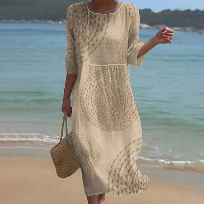 Cardydony Vintage Patchwork Art Pattern Linen Blend Loose Three-quarter Sleeve Dress