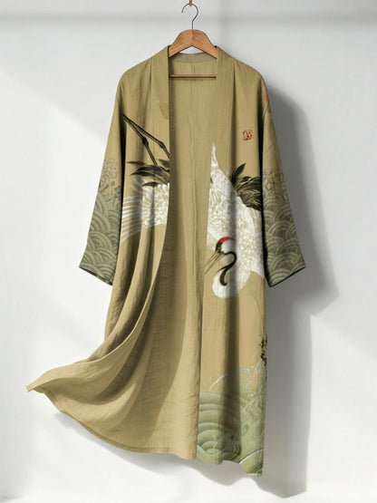 Cardydony Women's Retro Japanese Crane Art Print Flowy Long Linen Kimono