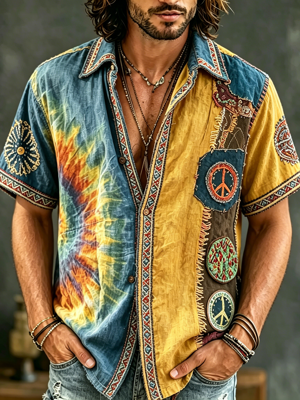 Cardydony Men's Causal Spring Tie-dye Hippie Peace Patchwork Art Print Flowy Linen Blend Shirt