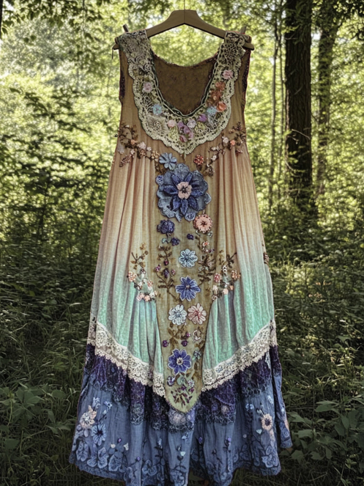 Cardydony Vintage Boho Lavender Art Linen Patchwork Art Linen Tank Dress