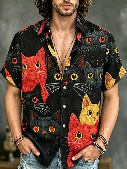 Cardydony Men's Cat Collection Orange Cat Among Black Cats Costume Printing Inspired Art Flowy Linen Blend Shirt