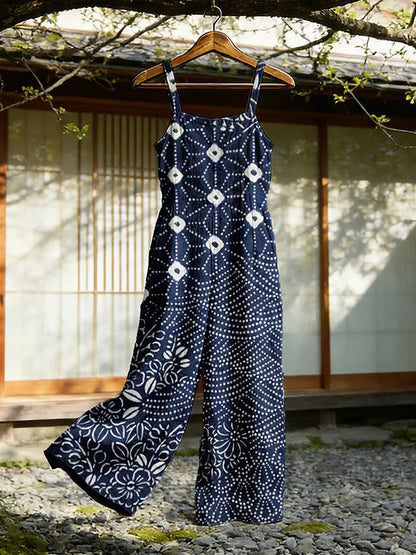 Cardydony Japanese Traditional Sashiko Art Flowy Linen Jumpsuit