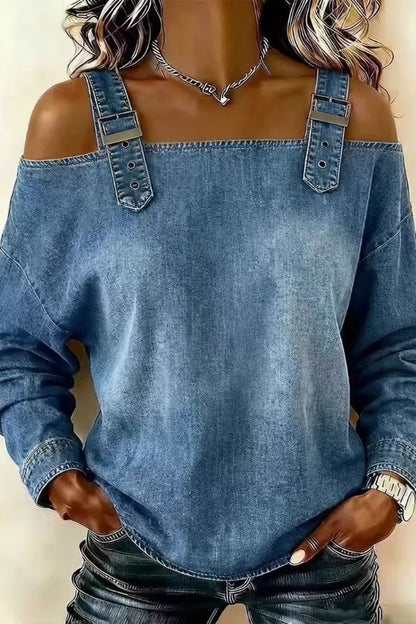 Cardydony Women's  Fashionable Faux Denim Off-shoulder Long-sleeved Loose Top