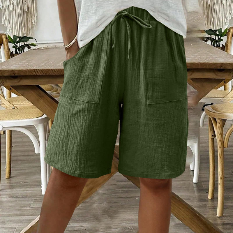 Cardydony Linen Solid Color Strappy Loose Casual Shorts
