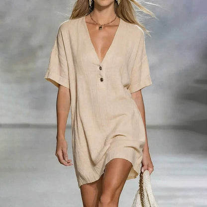 Cardydony Cozy Cotton And Linen Button V-neck Mini Dress