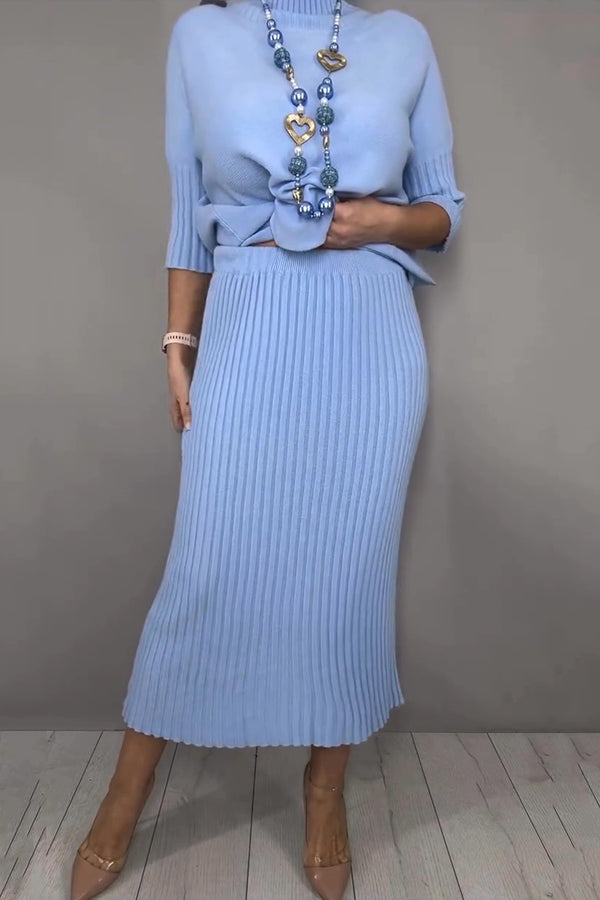 Cardydony Women's Solid Color Loose-fitting Turtleneck Knit Sweater and Stretchy Elegant Midi Skirt Set
