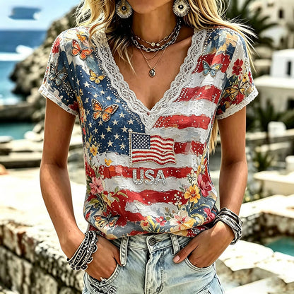 Cardydony Women's Independence Day Anniversary Flag Art Comfortable Cotton Linen V-neck Short Sleeve Top