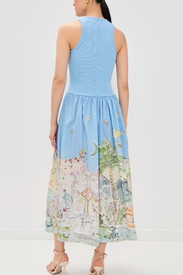 Cardydony Women's Ink Wash Print Round Neck Sleeveless Resort-style Midi Dress