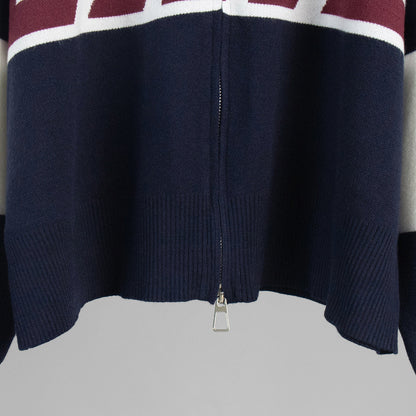 Cardydony Women's Retro Jacquard Letter Zip Up Sweater – Sporty Colorblock Knit Cardigan