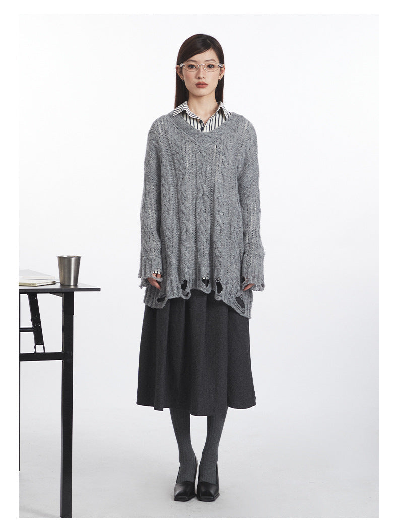 Cardydony Women's Oversized Cable Knit Sweater | Distressed V-Neck Pullover