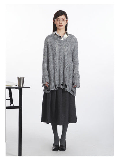 Cardydony Women's Oversized Cable Knit Sweater | Distressed V-Neck Pullover