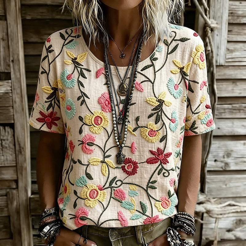 Cardydony Women's Vintage Floral Design Linen Casual T-shirt