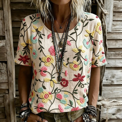 Cardydony Women's Vintage Floral Design Linen Casual T-shirt