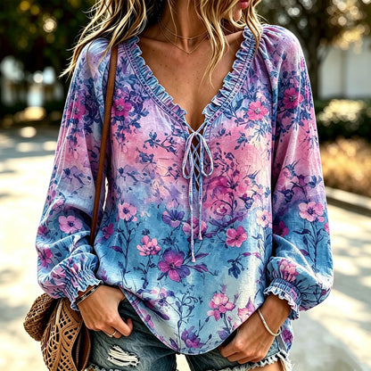 Cardydony Women's Bohemian Style Watercolor Purple Pink Blue Gradient Floral Print V-neck Tie Ruffle Top