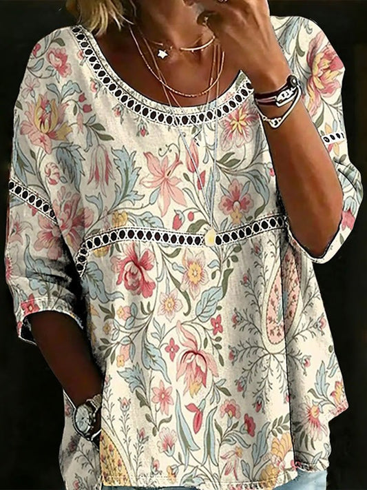 Cardydony Women's Retro Floral Art Print Cotton Linen Casual T-shirt