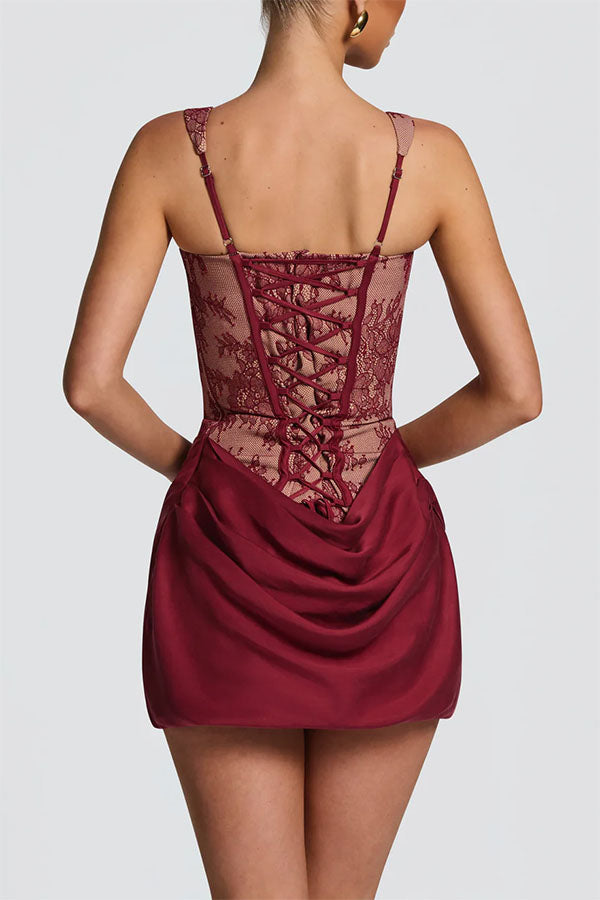 Cardydony Women's Cornelia Floral Lace Contrast Structural Detail Back Lace-up Satin Hem Mini Dress