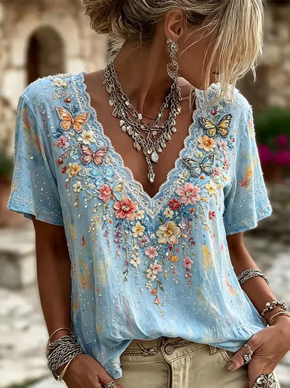 Cardydony Women's Colorful Floral And Butterfly Art Embroidered Linen Blend Lace V-neck Short Sleeve Top