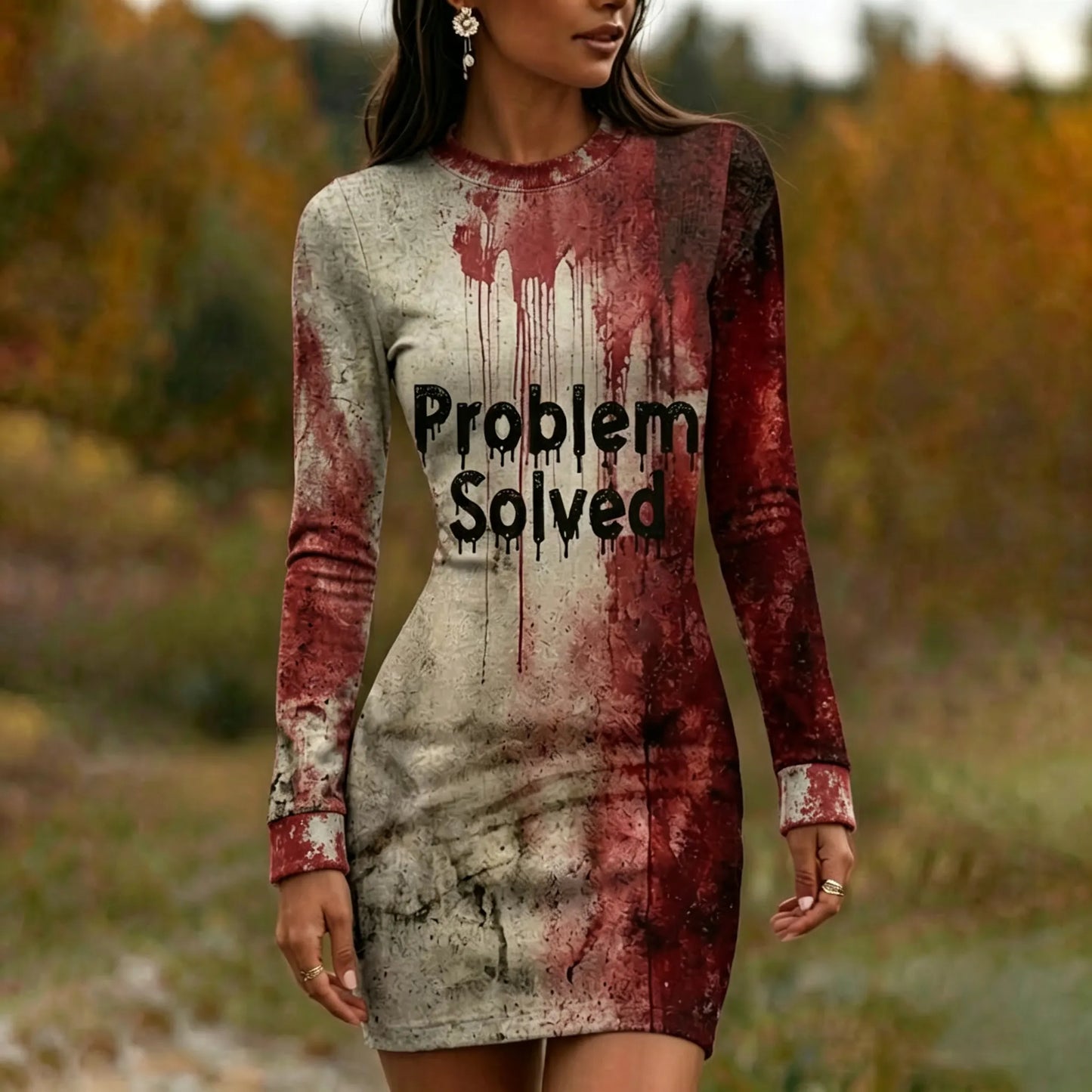 Cardydony Women's Bloody Problem Solved Halloween Art Print Bodycon Mini Dress