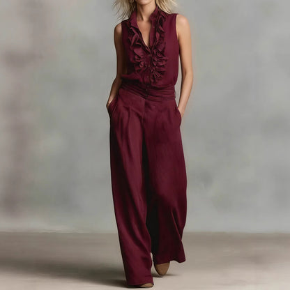 Cardydony Simple Linen Blend Sleeveless Shirt And Wide-leg Pants Set