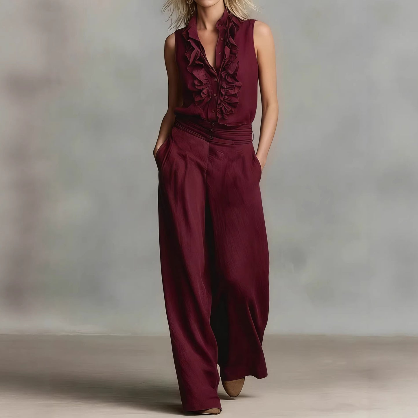 Cardydony Simple Linen Blend Sleeveless Shirt And Wide-leg Pants Set