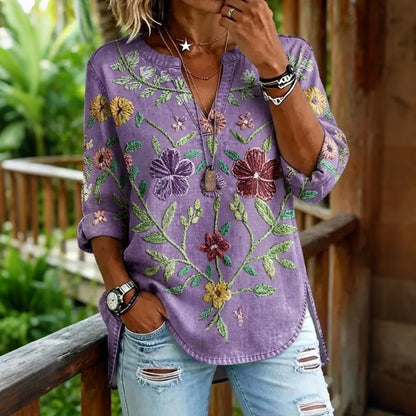 Cardydony Women's Floral Design Retro Short-sleeve Cotton Linen T-shirt