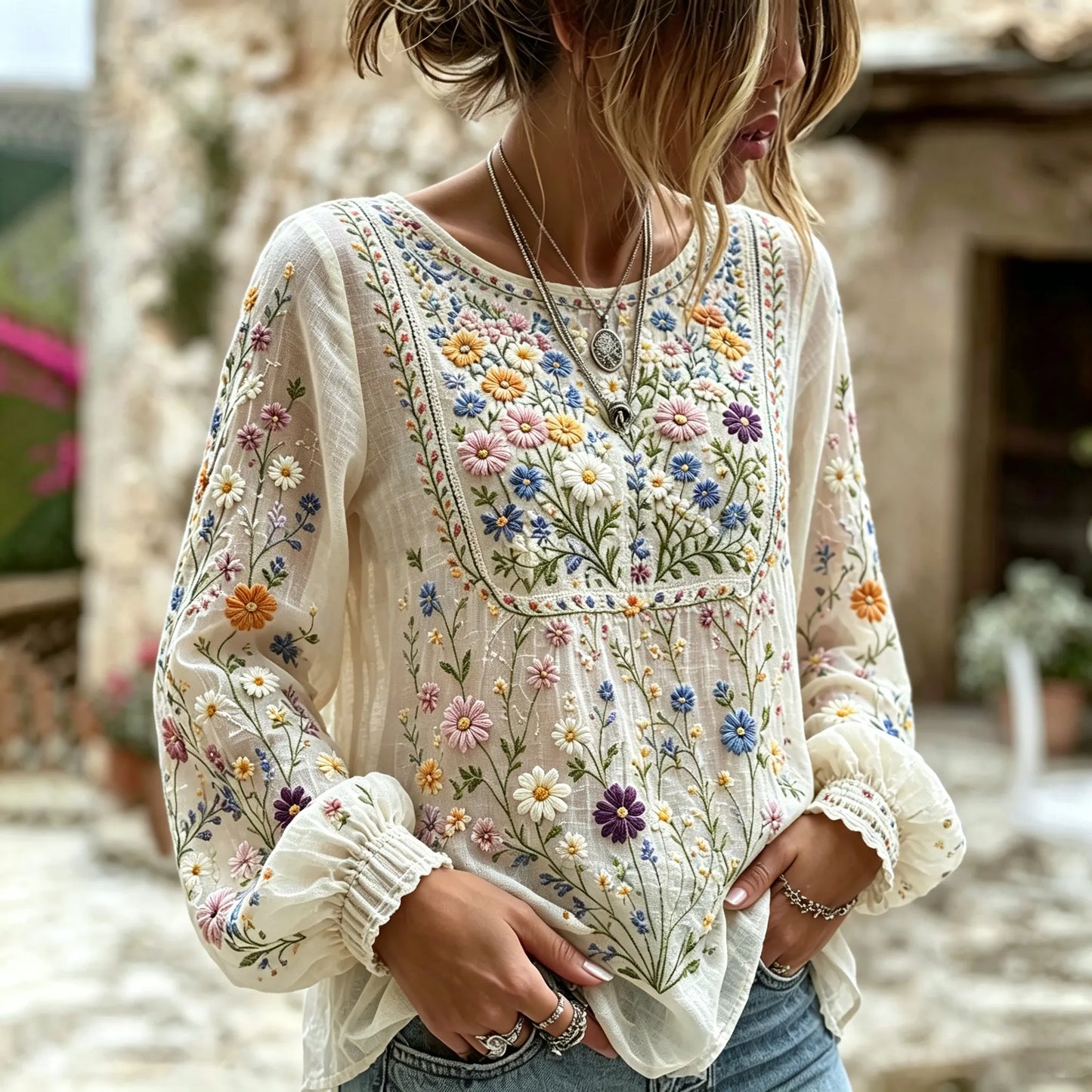 Cardydony Women's Floral Art Print Flowy Linen Blend Linen Blend Long Sleeve Casual Tops