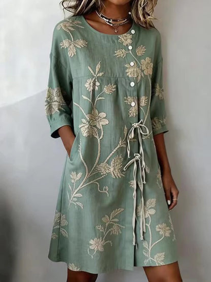 Cardydony Women's Retro Floral Wrap Tie Waist Linen Blend Midi Dress