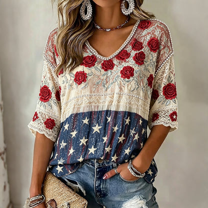 Cardydony Women's Independence Day And Rose Art Flowy Linen Blend Three Quarter Sleeves T-shirt
