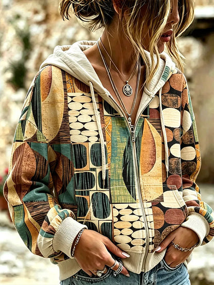 Cardydony Vintage Geometric Art Print Casual Zip-up Hoodie