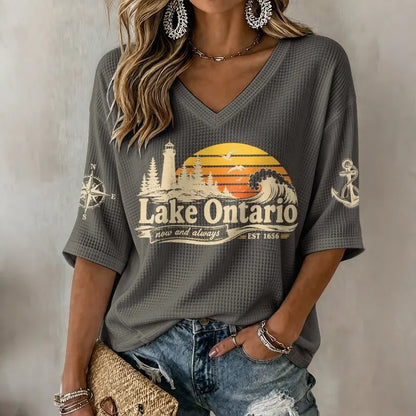 Cardydony V-neck Retro Lake Ontario Now And Always Est 1656 Print T-shirt