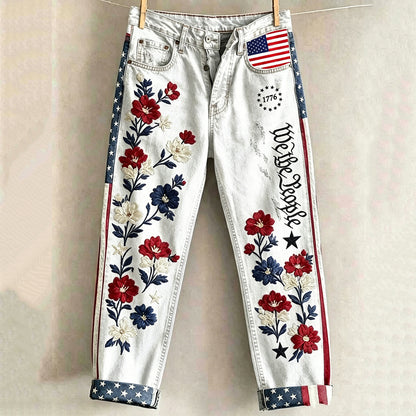 Cardydony Women's Retro Independence Day Floral Print Jeans