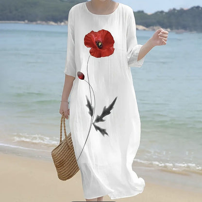 Cardydony Women's Retro Floral Art Pattern Linen Blend Loose Three-quarter Sleeve Dress