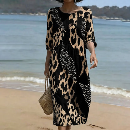Cardydony Retro Leopard And Animal Patchwork Art Linen Blend Loose Three-quarter Sleeve Dress