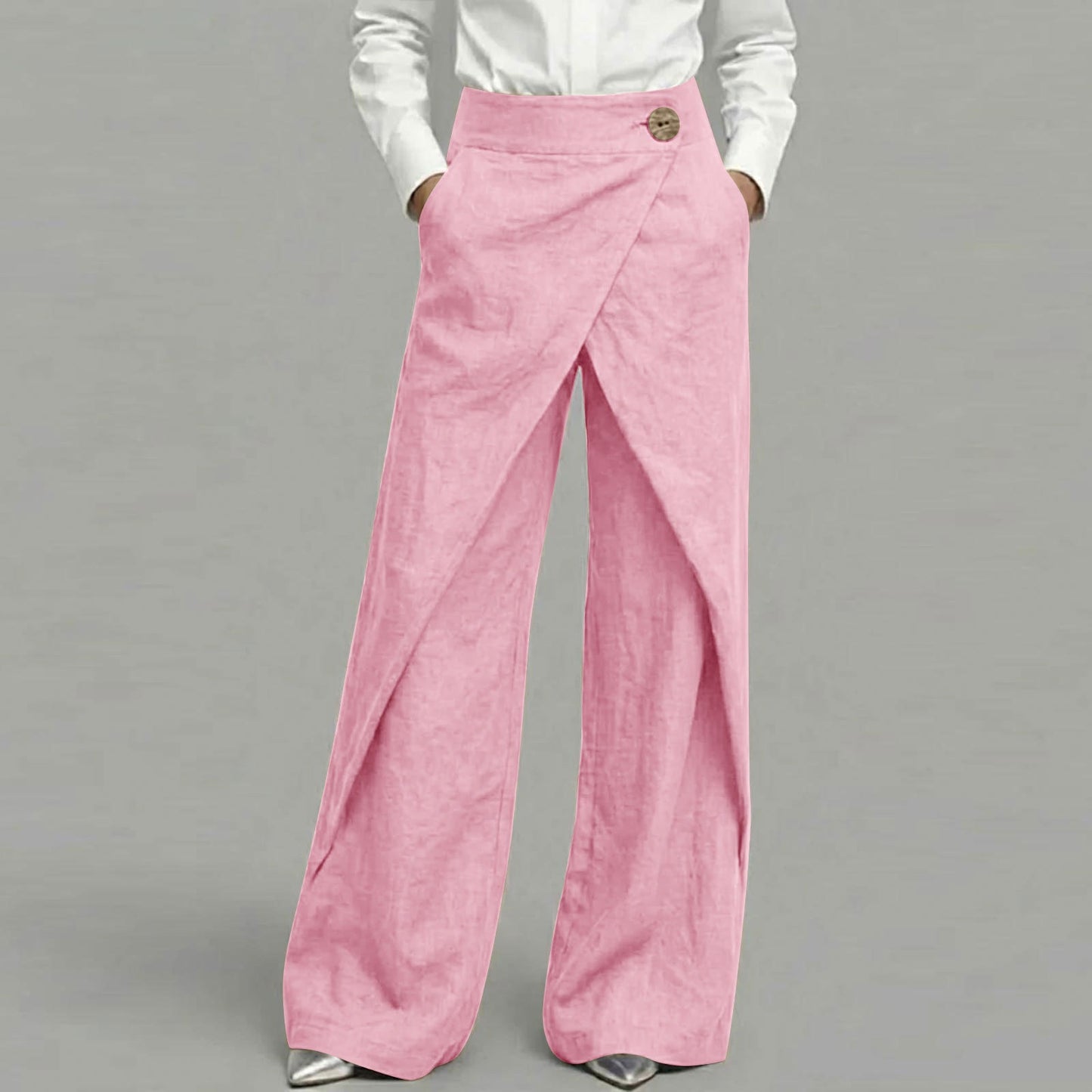 Cardydony Women's Casual Retro Slanted Button Cotton And Linen Pants