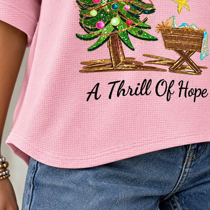 Cardydony Women's Festivel Christmas Tree A Thrill Of Hope Print Three-quarter Sleeve V Neck T-shirt