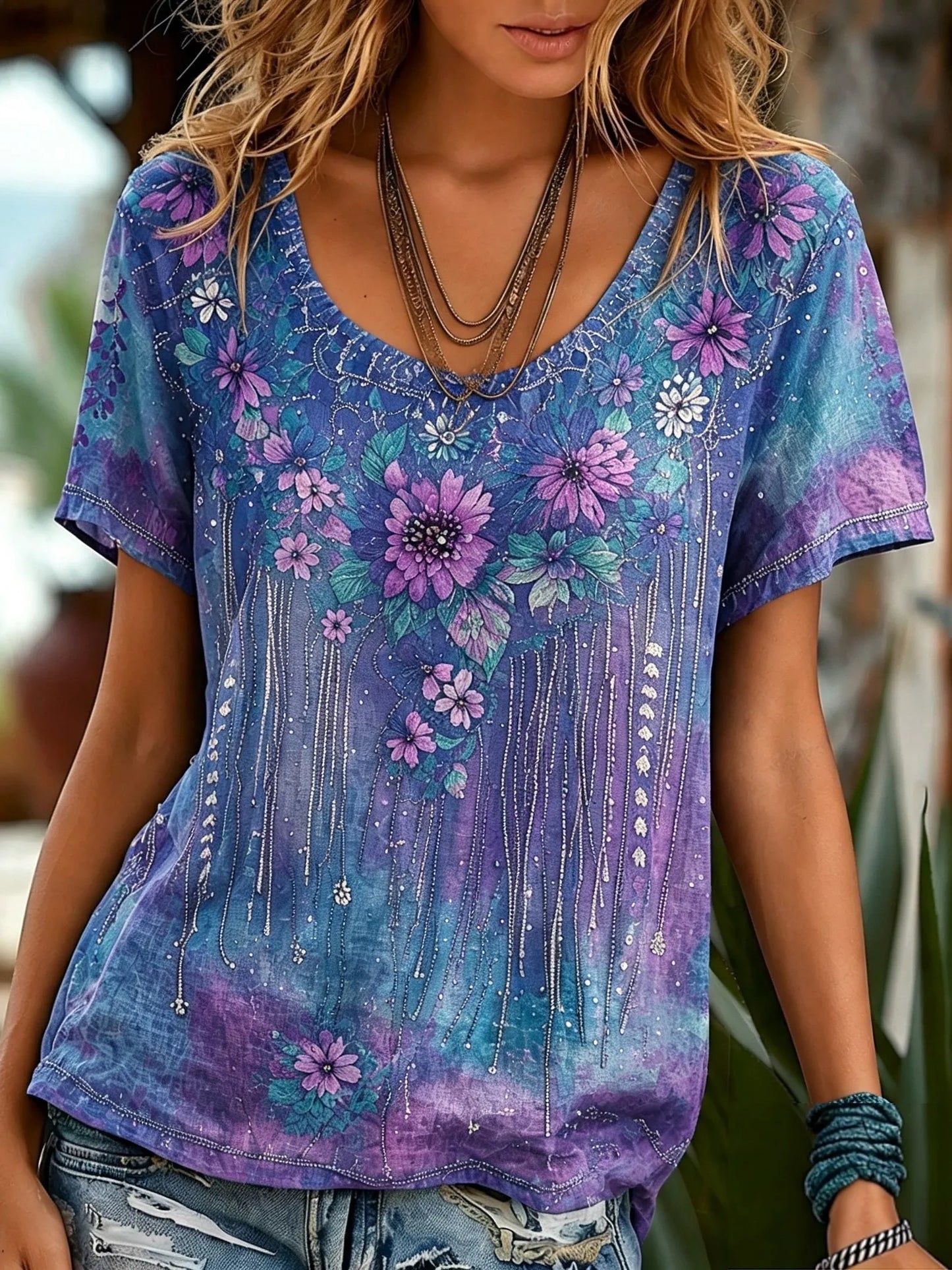 Cardydony Women's Retro Bohemian Floral Print Cotton Linen T-shirt